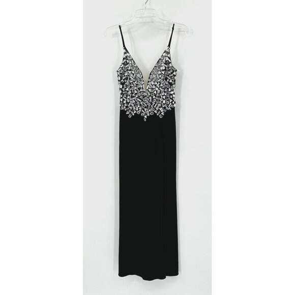 XSCAPE maxi dress beaded crystal deep v formal party high slit cocktail black 4 - Picture 1 of 9